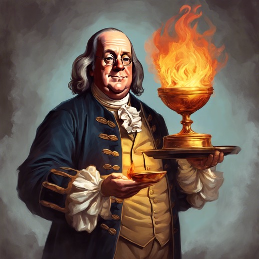 Ben Franklin holding a flaming chalice.