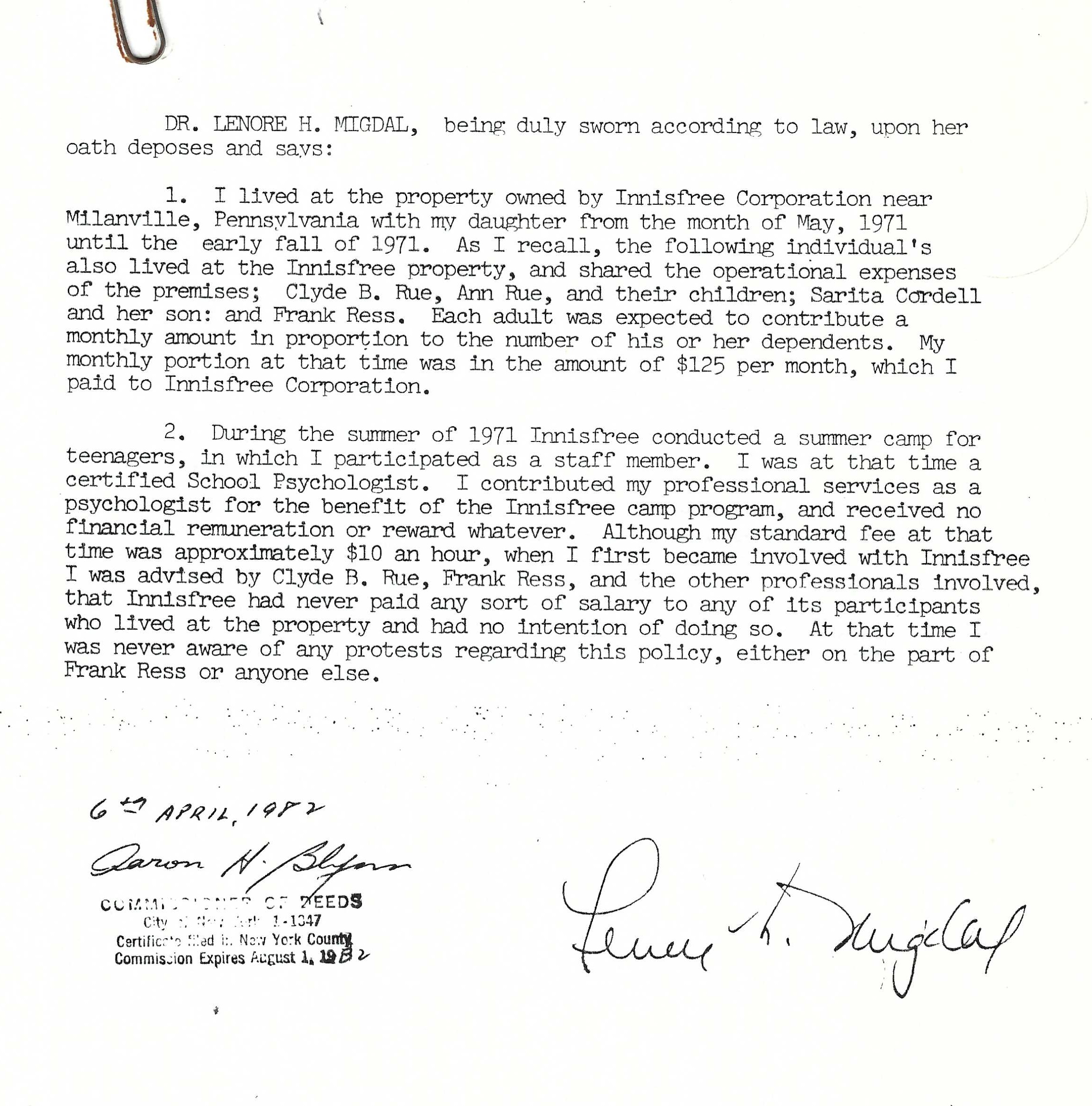 Sworn statement of Lenore Migdal, 4/6/1982