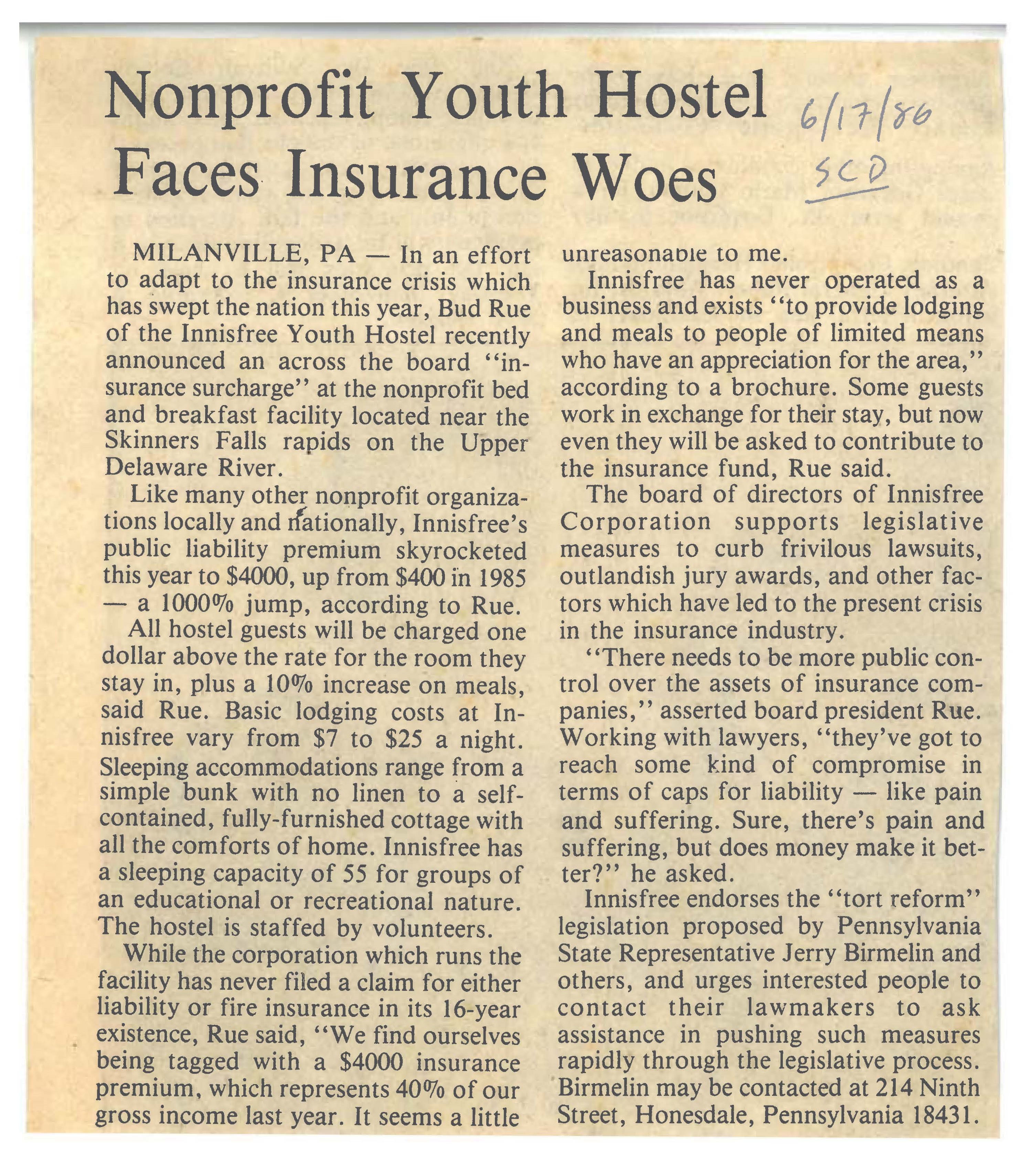 Nonprofit youth hostel faces insurance woes, SCD 6-17-1986