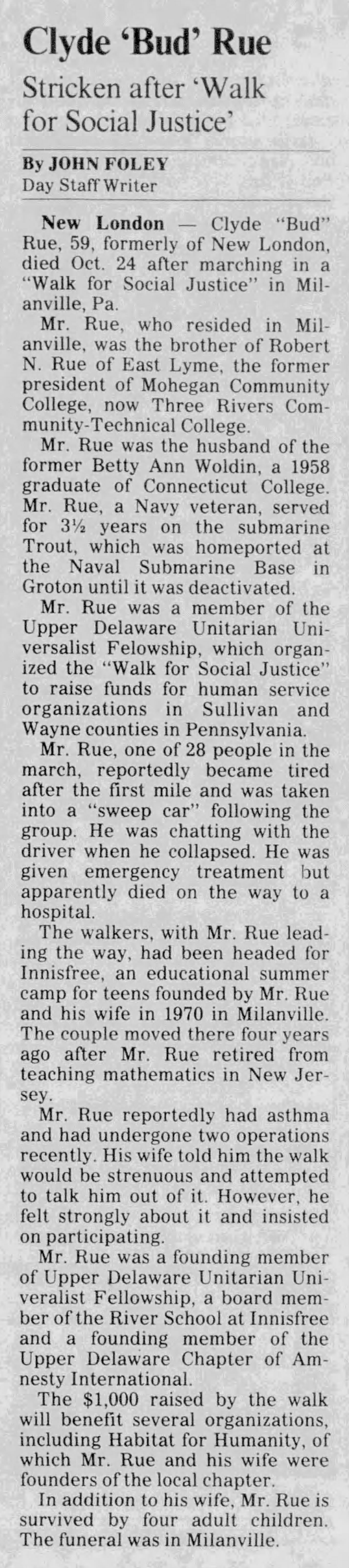 Obituary, Bud Rue, The Day, 11/3/1993